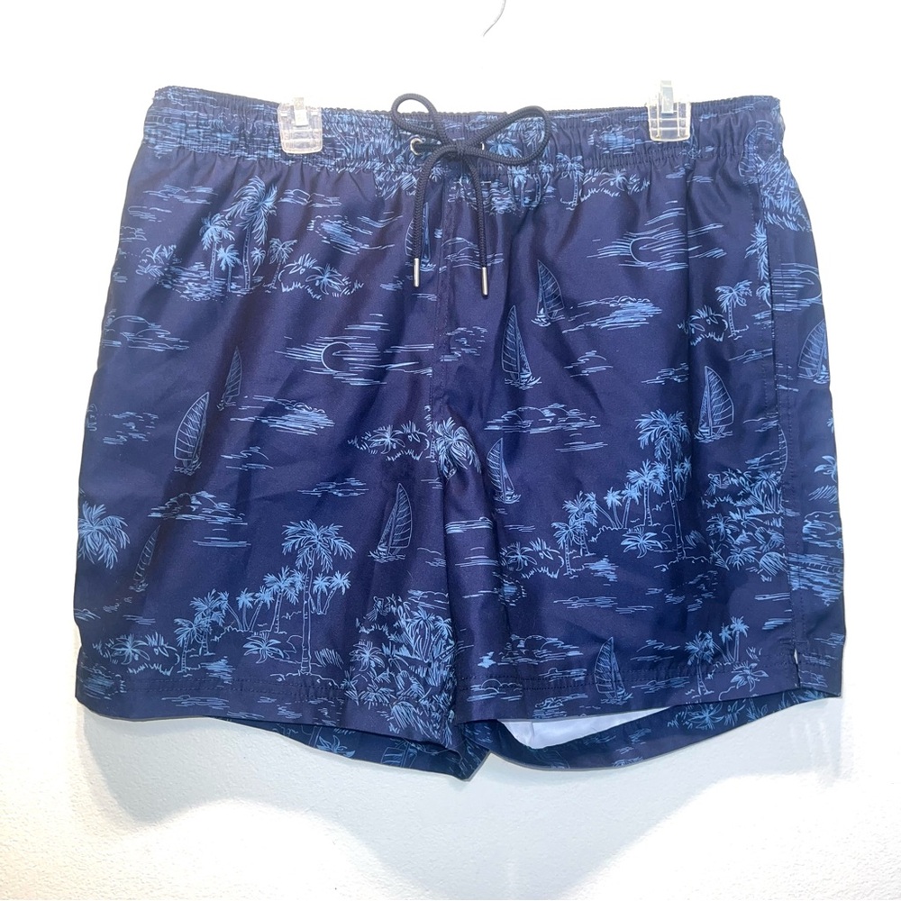 Lands' End Swim Trunks Board Shorts Large (36/38) Blue Mesh Liner Palm Trees